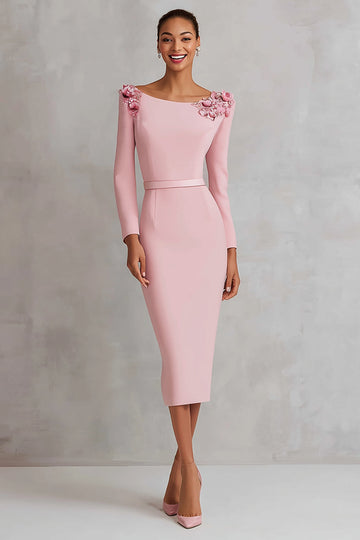 Pink Boat Neck Sheath Appliques Midi Work Dress